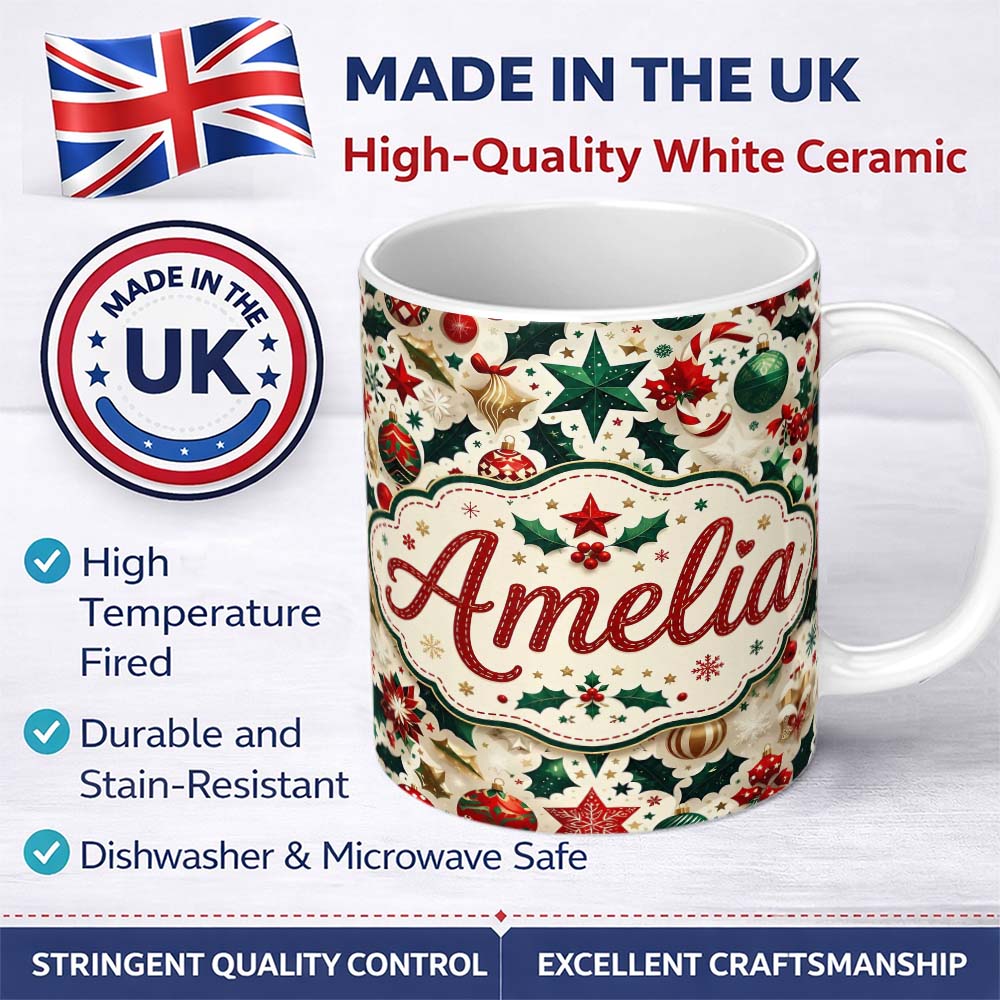 Personalized Custom Name Festive Christmas Star Ornaments Holly Leaves Seamless Pattern 11oz Ceramic Coffee Tea Mug White Large Handle