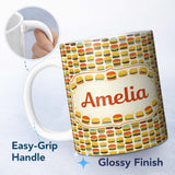 Personalized Custom Name Cute Burger Cartoon Seamless Pattern Fast Food Snack Design Lovely 11oz Ceramic Coffee Tea Mug White Large Handle