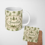 Personalized Custom Name Delicate Pine Branch Trees Light Neutral Seamless Pattern Lovely 11oz Ceramic Coffee Tea Mug White Large Handle