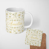 Personalized Custom Name Delicate White Daisy Floral Botanical Seamless Pattern Lovely 11oz Ceramic Coffee Tea Mug White Large Handle