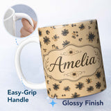Personalized Custom Name Abstract Leopard Spot and Floral Ditsy with Black Motifs Warm Beige 11oz Ceramic Coffee Tea Mug White Large Handle