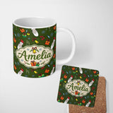 Personalized Custom Name Cute Santa Gifts Champagne Christmas Seamless Pattern Lovely 11oz Ceramic Coffee Tea Mug White Large Handle
