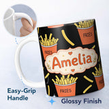Personalized Custom Name Cute French Fries Cartoon Snack Food Black Background Seamless 11oz Ceramic Coffee Tea Mug White Large Handle