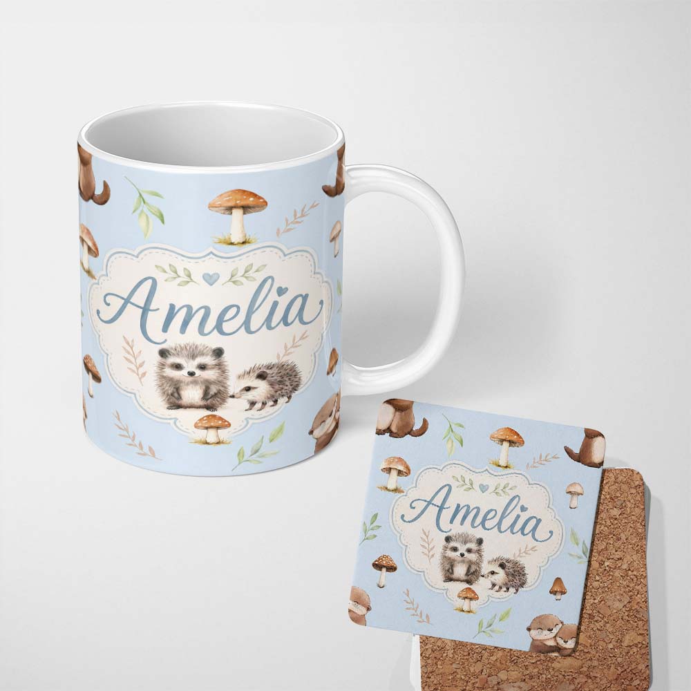 Personalized Custom Name Woodland Hedgehogs with Mushrooms Leaves Soft Blue Seamless Pattern 11oz Ceramic Coffee Tea Mug White Large Handle
