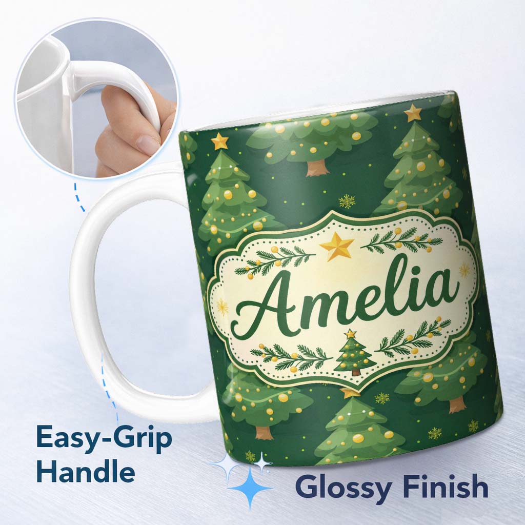 Personalized Custom Name Cartoon Christmas Trees with Golden Baubles and Stars Cute Seamless 11oz Ceramic Coffee Tea Mug White Large Handle