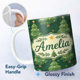 Personalized Custom Name Cartoon Christmas Trees with Golden Baubles and Stars Cute Seamless 11oz Ceramic Coffee Tea Mug White Large Handle