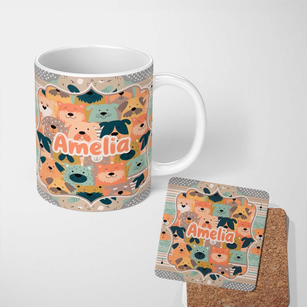 Personalized Custom Name Cute Cartoon Dog Faces Warm Colour Palette Seamless Pattern Lovely 11oz Ceramic Coffee Tea Mug White Large Handle