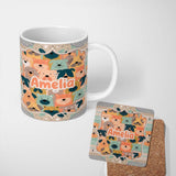 Personalized Custom Name Cute Cartoon Dog Faces Warm Colour Palette Seamless Pattern Lovely 11oz Ceramic Coffee Tea Mug White Large Handle