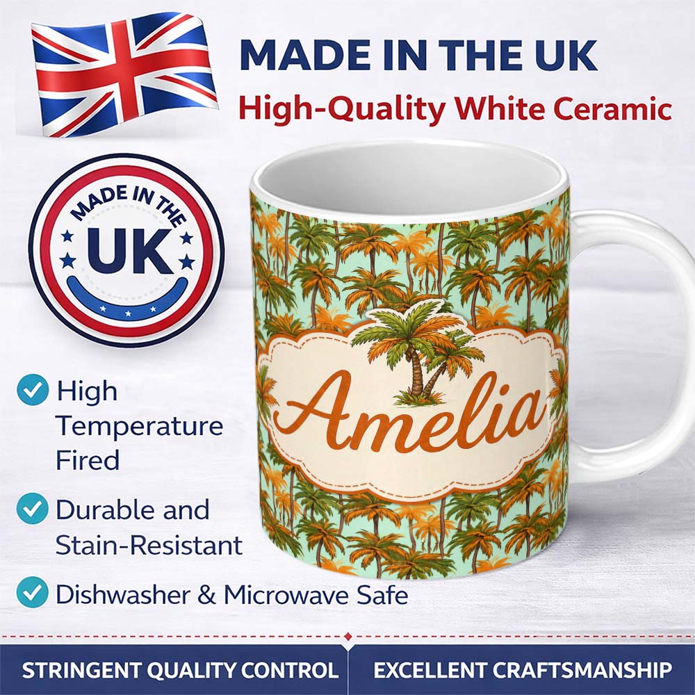 Personalized Custom Name Tropical Palm Tree Summer Beach Seamless Pattern on Mint Background 11oz Ceramic Coffee Tea Mug White Large Handle