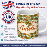 Personalized Custom Name Tropical Palm Tree Summer Beach Seamless Pattern on Mint Background 11oz Ceramic Coffee Tea Mug White Large Handle