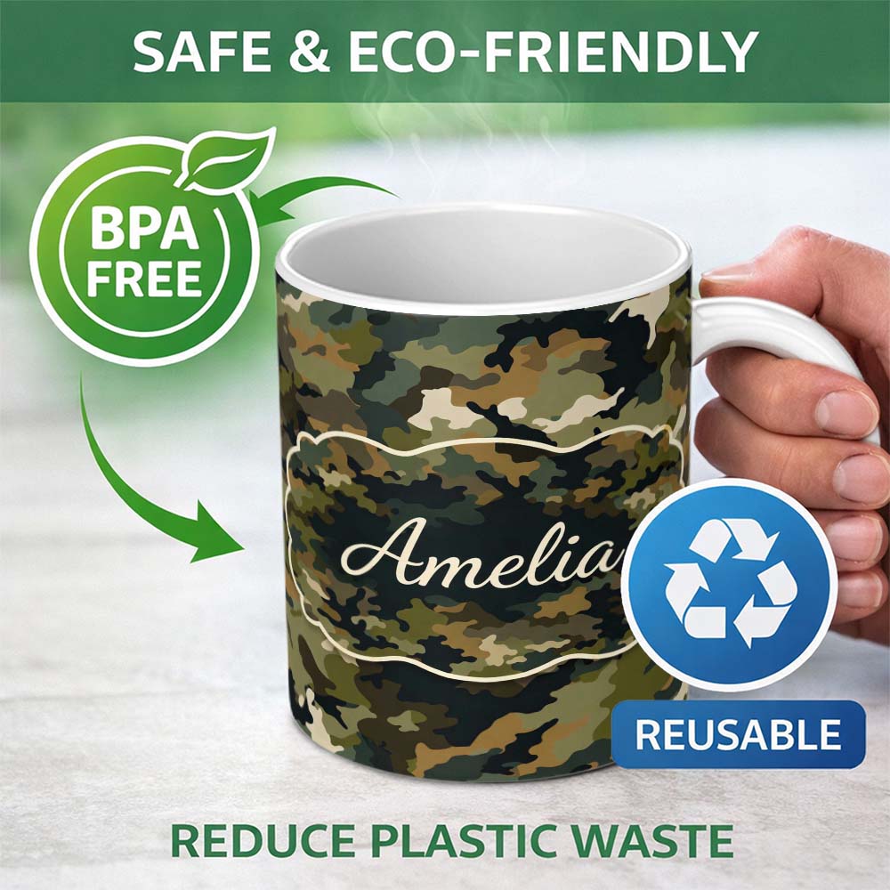 Personalized Custom Name Classic Green Brown Army Camouflage Seamless Pattern Lovely 11oz Ceramic Coffee Tea Mug White Large Handle