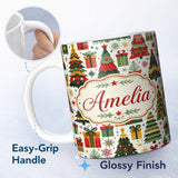 Personalized Custom Name Festive Christmas Trees Gifts Presents Red Green Seamless Pattern 11oz Ceramic Coffee Tea Mug White Large Handle