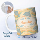 Personalized Custom Name Cute Rainbow Dolphin Cartoon Animal Pattern Thoughtful Gift Idea 11oz Ceramic Coffee Tea Mug White Large Handle