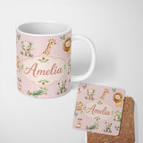 Personalized Custom Name Safari Animals with Elephant Lion and Crocodile on Blush Pink Lovely 11oz Ceramic Coffee Tea Mug White Large Handle