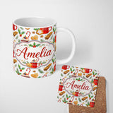 Personalized Custom Name Christmas Mug Cookies Candy Cane Cinnamon Seamless Pattern Lovely 11oz Ceramic Coffee Tea Mug White Large Handle