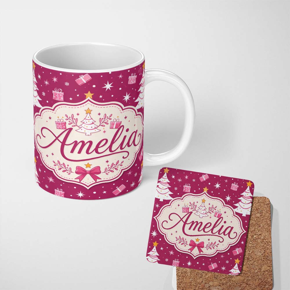 Personalized Custom Name White Christmas Tree Stars Gift Pink Background Seamless Pattern 11oz Ceramic Coffee Tea Mug White Large Handle