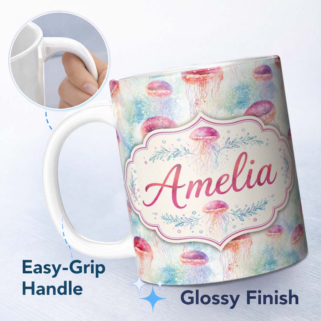Personalized Custom Name Watercolor Red Jellyfish on Soft Blue Background Seamless Ocean 11oz Ceramic Coffee Tea Mug White Large Handle