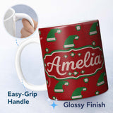 Personalized Custom Name Cute Red Green Christmas Hat Festive Knitted Seamless Pattern Lovely 11oz Ceramic Coffee Tea Mug White Large Handle
