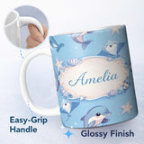Personalized Custom Name Cute Dolphin Stingray Starfish Cartoon Sea Life Pattern Blue Lovely 11oz Ceramic Coffee Tea Mug White Large Handle