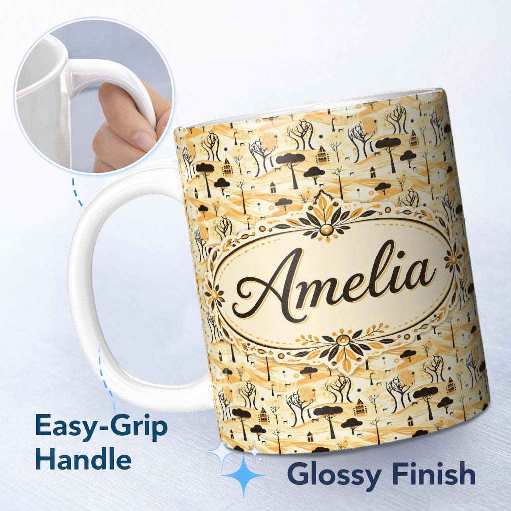 Personalized Custom Name Minimalist African Savanna Pattern with Trees Wildlife and Village 11oz Ceramic Coffee Tea Mug White Large Handle