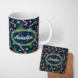Personalized Custom Name Dark Winter Candy Cane Holly Snowflake Night Seamless Pattern Lovely 11oz Ceramic Coffee Tea Mug White Large Handle