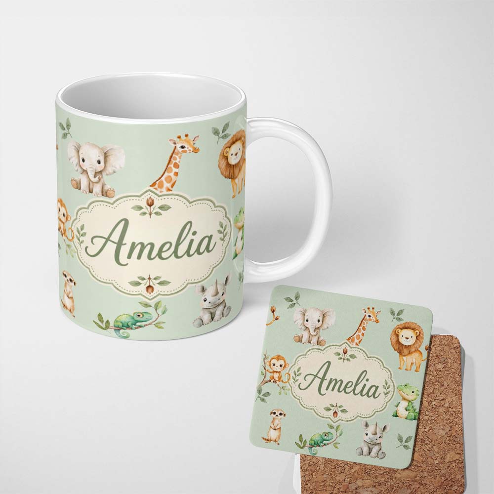 Personalized Custom Name Safari Animals with Elephant Lion and Crocodile on Sage Green Lovely 11oz Ceramic Coffee Tea Mug White Large Handle