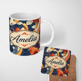 Personalized Custom Name Decorative Koi Fish with Geometric Wave Background Pattern Asian 11oz Ceramic Coffee Tea Mug White Large Handle