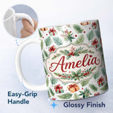 Personalized Custom Name Watercolor Christmas Gifts Pine Branches Holly Berries Seamless 11oz Ceramic Coffee Tea Mug White Large Handle