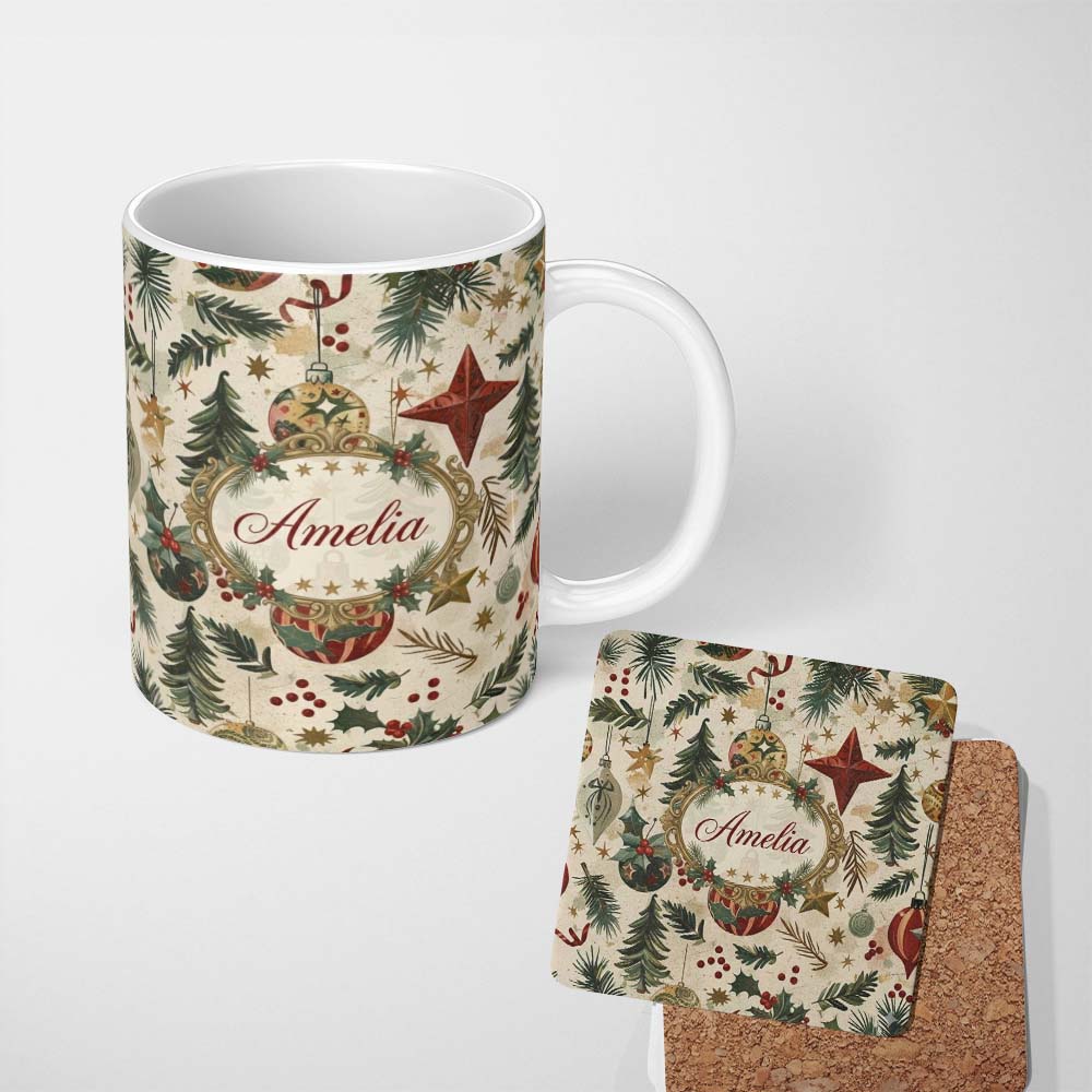 Personalized Custom Name Christmas Ornament Star Pine Branch Festive Seamless Pattern Lovely 11oz Ceramic Coffee Tea Mug White Large Handle