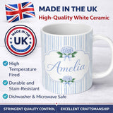Personalized Custom Name Blue Vertical Stripe Classic Seamless Pattern Perfect Gift for Her 11oz Ceramic Coffee Tea Mug White Large Handle