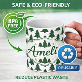 Personalized Custom Name Simple Hand Drawn Green Christmas Trees Minimal Seamless Pattern 11oz Ceramic Coffee Tea Mug White Large Handle