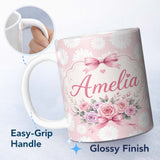 Personalized Custom Name White Daisy Floral Pattern on Soft Blush Pink Background Seamless 11oz Ceramic Coffee Tea Mug White Large Handle