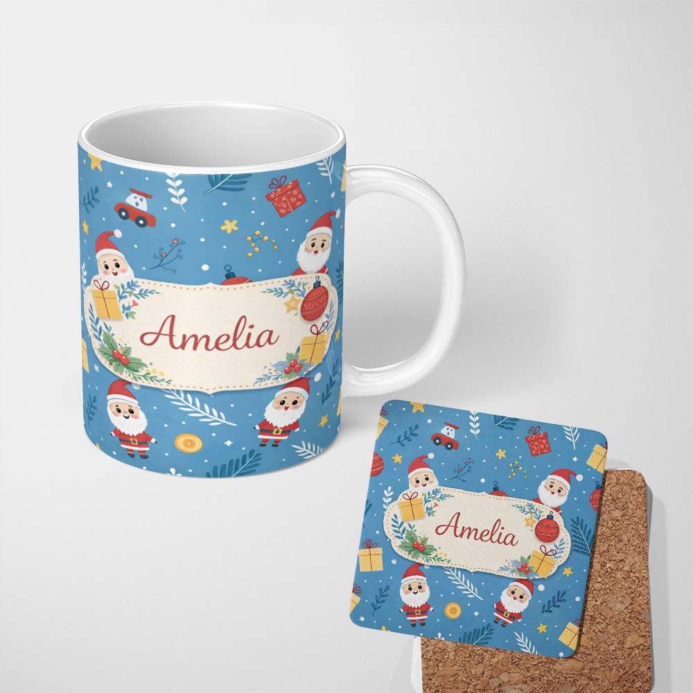 Personalized Custom Name Red Festive Christmas Tree Reindeer Snowman Seamless Pattern Lovely 11oz Ceramic Coffee Tea Mug White Large Handle