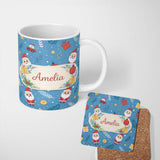 Personalized Custom Name Red Festive Christmas Tree Reindeer Snowman Seamless Pattern Lovely 11oz Ceramic Coffee Tea Mug White Large Handle