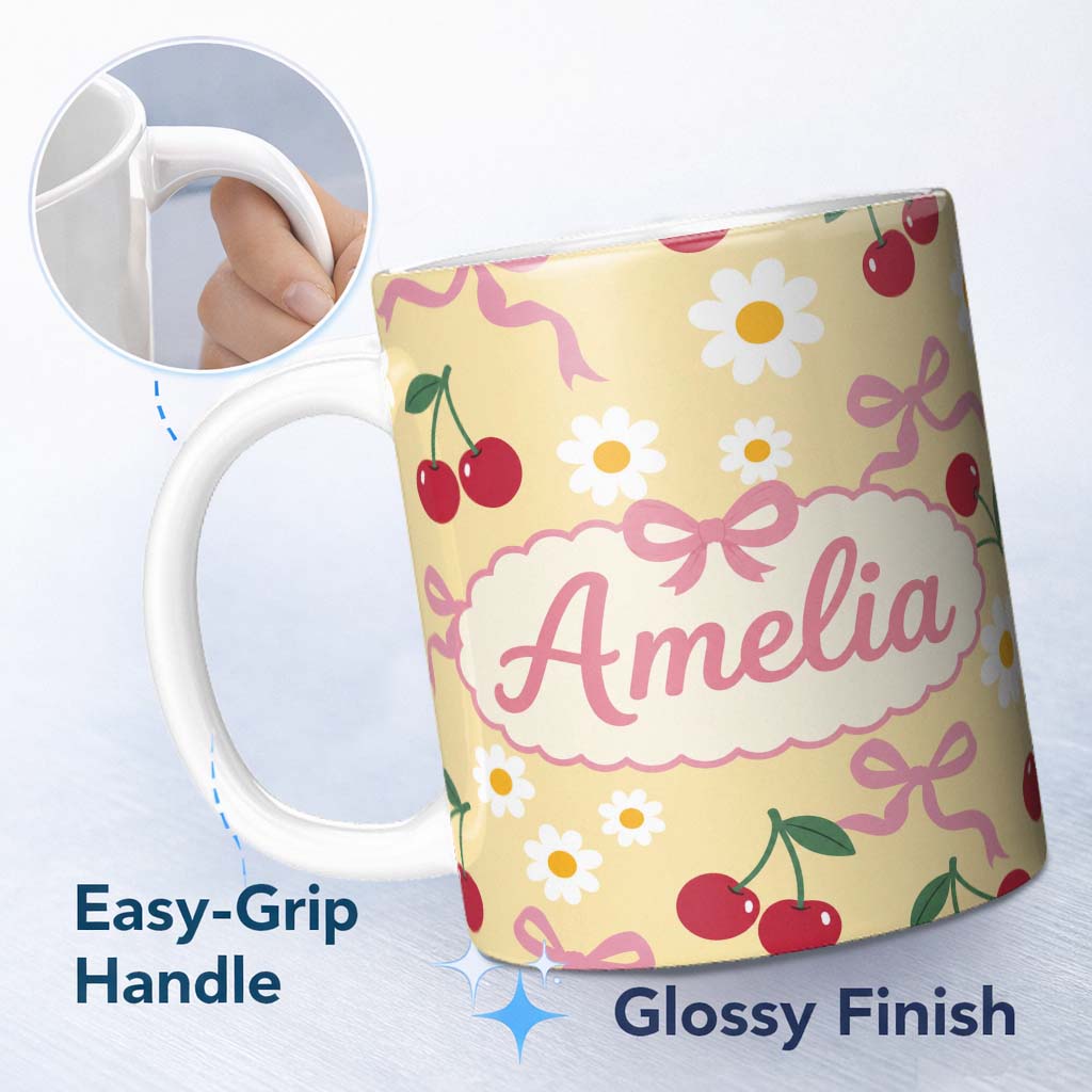 Personalized Custom Name Cute Cherry Bow and Daisy Seamless Pattern on Yellow Lovely 11oz Ceramic Coffee Tea Mug White Large Handle
