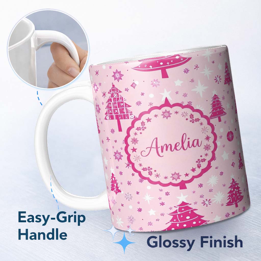 Personalized Custom Name Pink Christmas Tree Snowflake Star Seamless Pattern Cute Unique Gift 11oz Ceramic Coffee Tea Mug White Large Handle