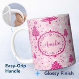 Personalized Custom Name Pink Christmas Tree Snowflake Star Seamless Pattern Cute Unique Gift 11oz Ceramic Coffee Tea Mug White Large Handle