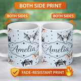 Personalized Custom Name Cute Watercolor Bats and Stars Seamless Pattern Soft Blue Background 11oz Ceramic Coffee Tea Mug White Large Handle