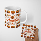 Personalized Custom Name Grunge Style Pumpkin Splash White Background Halloween Seamless 11oz Ceramic Coffee Tea Mug White Large Handle