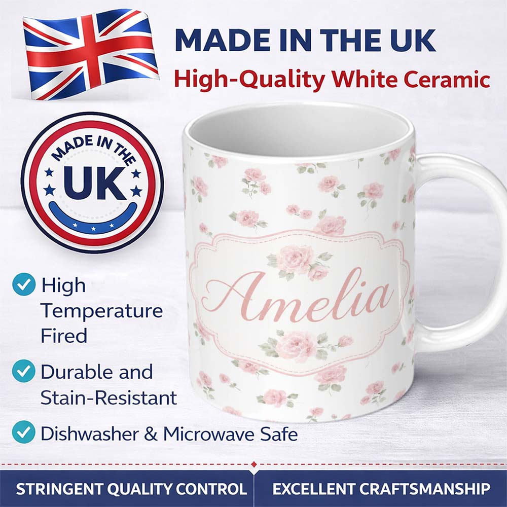 Personalized Custom Name Soft Pink Watercolor Roses Floral Elegant Seamless Pattern Lovely 11oz Ceramic Coffee Tea Mug White Large Handle
