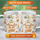 Personalized Custom Name Watercolor Woodland Fox Mushroom Autumn on Light Grey Background 11oz Ceramic Coffee Tea Mug White Large Handle