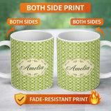 Personalized Custom Name Green Lattice Geometric Repeat Seamless Pattern Beautiful Coffee Cup 11oz Ceramic Coffee Tea Mug White Large Handle