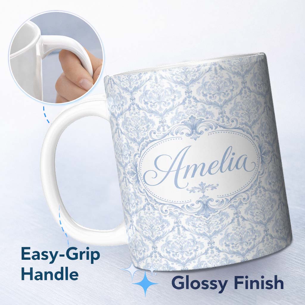 Personalized Custom Name Vintage Blue Damask Ornamental Seamless Pattern Perfect Gift for Her 11oz Ceramic Coffee Tea Mug White Large Handle