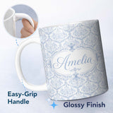 Personalized Custom Name Vintage Blue Damask Ornamental Seamless Pattern Perfect Gift for Her 11oz Ceramic Coffee Tea Mug White Large Handle