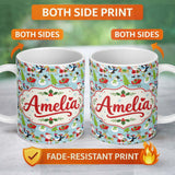 Personalized Custom Name Santa Reindeer Penguin Sleigh Snowman Christmas Fun Seamless Pattern 11oz Ceramic Coffee Tea Mug White Large Handle