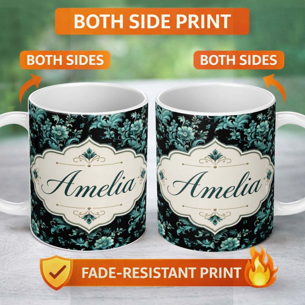 Personalized Custom Name Dark Teal Floral Damask Pattern with Ornate Botanical Details Lovely 11oz Ceramic Coffee Tea Mug White Large Handle
