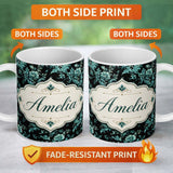 Personalized Custom Name Dark Teal Floral Damask Pattern with Ornate Botanical Details Lovely 11oz Ceramic Coffee Tea Mug White Large Handle