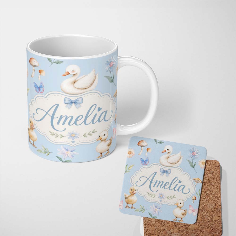 Personalized Custom Name Swan and Ducklings with Flowers Mushrooms Soft Blue Seamless 11oz Ceramic Coffee Tea Mug White Large Handle