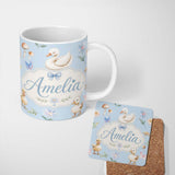 Personalized Custom Name Swan and Ducklings with Flowers Mushrooms Soft Blue Seamless 11oz Ceramic Coffee Tea Mug White Large Handle