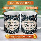 Personalized Custom Name Cute Asian Elder Characters Traditional Theme Seamless Pattern 11oz Ceramic Coffee Tea Mug White Large Handle